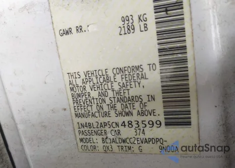 2012 Nissan Altima 3.5 Sr z USA, uszkodzony, nr VIN 1N4BL2AP5CN483599